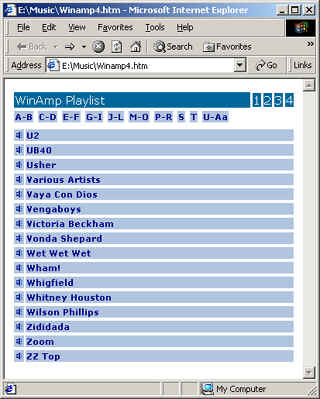 Playlist generator i aktion - liste med kunstnere fra U-Z.
