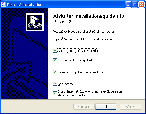 Dette billede vises når installationen er slut.